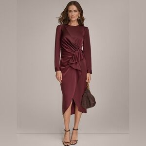 Donna Karan Women's Ruched Midi Dress. Size 8. Berry. NWT